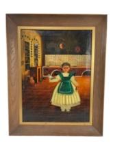 AGAPITO LABIOS ANTIQUE MEXICAN FOLK ART OIL PAINTING GIRL IN KITCHEN
