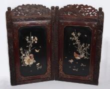 Japanese Shibayama 'Chick & Rooster' Carved 2-Panel Screen, Meiji 19th C.