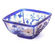 Chinese Clear Peking Glass Dish with Blue Rim
