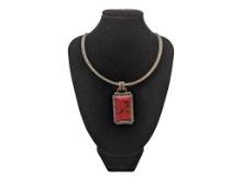 Sterling Silver Choker Necklace with Red Stone Pendant - Stamped Mexico