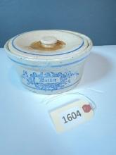 Stenciled Stoneware Butter Crock, Blue on White