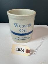 Vintage Wesson Oil Stoneware Crock, blue band