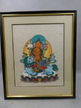 Vintage Manjushri Riding Blue Lion Thangka Painting on Paper w/ Stamp