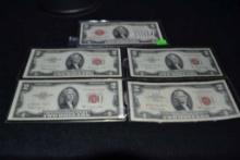 (5) $2 Red Seal Bills (4) Are "no Motto"