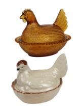 Collectibles (2) Amber Indiana Glass Hen On Nest, Glass/ceramic, Unmarked,