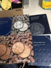 4- Lincoln cent books partial filled-Jefferson nickel book some nickels/empty state quarters book