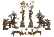 Louis XV Bronze Cherub Andirons and Candelabras
