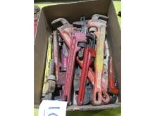 Box of Various Size Pipe Wrenches