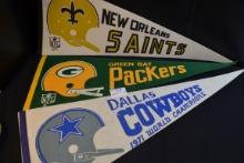 Group of 3 Vintage Felt Football Pennants, including New Orleans Saints, Green Bay Packers, and Dall