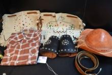 Group of Vintage Child's Western Gear including Leather Hat and Cuffs, Belt, Shirt, and Handmade Apr