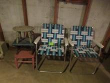 2 YARD CHAIRS AND 2 STOOLS, ONE CHAIR