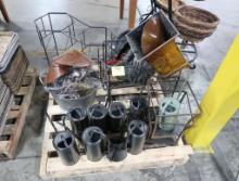 pallet of misc- watering cans, chimenea toppers, pot stands, etc