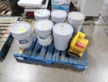 pallet of concrete sealer an acrylic texture coating, w/ floor fan