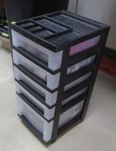 rolling plastic storage bins 5 drawers with  some office suplies