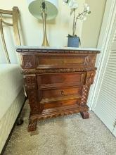 Intricate Carved Nightstand with Marble Top