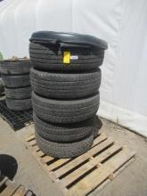 (4) GOODYEAR WRANGLER 265/75R16 TIRES *1 FLAT, (1) BFG RUGGED TRAIL 265/75R16 TIRE W/ SPARE TIRE