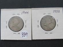 1944, 1950- Canada 25 Cents Coins
