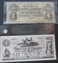 1861- Replica Confederate States of America $1000 Bill, 1857 Replica- The City of Omaha $1