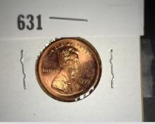 1999 D Lincoln Cent Brilliant Uncirculated Mint Error Lincoln Cent, Struck outside the hub with poss