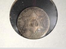 1855 U.S. Three Cent Silver, Good, slight bend.