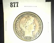 1915 D Barber Half Dollar. Very Good++.