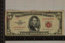 1953 US $5 RED SEAL NOTE INK STAINS ON BOTH SIDES