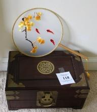 ASIAN LOCKING JEWELRY CHEST AND ORIENTAL FAN