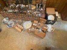 12 PIECES OF SILVER PLATE & GLASS ON FLOOR