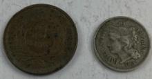 1864 LARGE MOTTO 2 CENT PIECE / 1866 3 CENT NICKEL