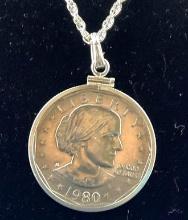 1980 Susan B. Anthony Dollar Coin with Sterling Silver Rope Style Necklace