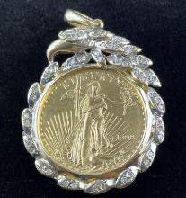 $25 Walking Liberty Half Ounce Gold Coin Set in 14K Gold and Diamond Pendant