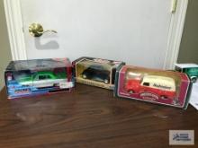 1951 DELIVERY VAN BANK, 1934 FORD COUPE, AND 1965 CHEVY MALIBU DIE CAST CAR.
