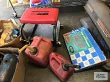 TWO PLASTIC GAS CANS, GARAGE SEAT, AND SOCKET DRAWER ORGANIZER...