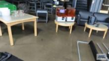 3 tan and green wood tables including one square and 2 coffee tables