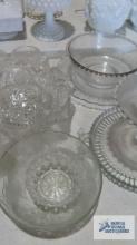 Lot of hobnail clear glass pieces and other clear glass bowls including crystal vase
