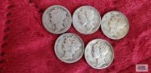5 Mercury dimes, 1917, 1939, 1942, 1943, and 1944