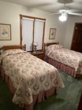 2 single bed frames w/ headboard and accessories, nightstand and lamp