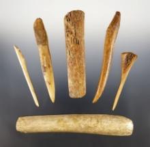 Set of 6 Bone Tools, most are from Alaska. The largest is 5 9/16".