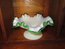 Green Crested White Glass Footed Dish