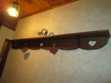 Large Folk Art Pine Display Shelf with Coat/Hat Pegs, Handpainted Folk Art Swan and