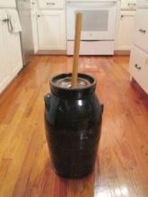 Antique Brown Glazed 4 Gallon Stoneware Pottery Churn with Dasher