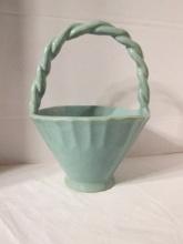 Green Glazed Stoneware Pottery Basket with Twisted Handle