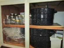 Two Large Enamel Canning Pots with Racks, Canning Jars and Aluminum Foil Pans