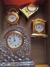 Quartz Crystal Desk Clock and Three Miniature Brass Quartz Clocks