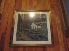 Framed and Matted Little White Country Church Landscape Tapestry