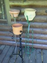 Three Metal Plant Stands with Terra Cotta Pots