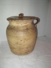 Antique Painted Stoneware Lidded Crock with Applied Handle