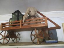Wooden Wagon with Laterns and Rabbit