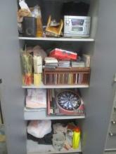 Cabinet Contents- CDs, Radio, Dart Board