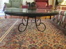 Custom Made Wagon Wheel Glass Top Coffee Table with Wrought Iron Base